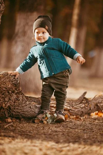 Mutlu çocuk geliyor. Yeşil ceketli ve kahverengi pantolonlu bir çocuk. Seçici odaklı resim.