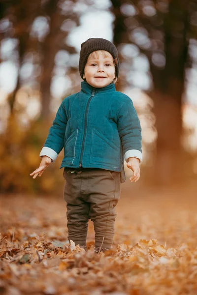 幸せな子供が来ている 緑色のジャケットと茶色のズボンを着た少年 選択的焦点の画像 — ストック写真