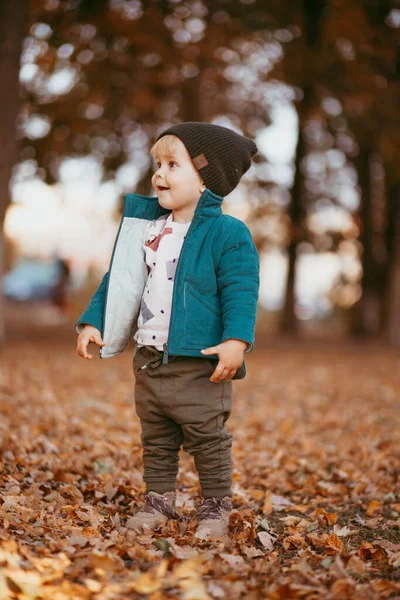 Счастливый Ребенок Приближается Мальчик Зеленой Куртке Коричневых Брюках Изображение Избирательным — стоковое фото