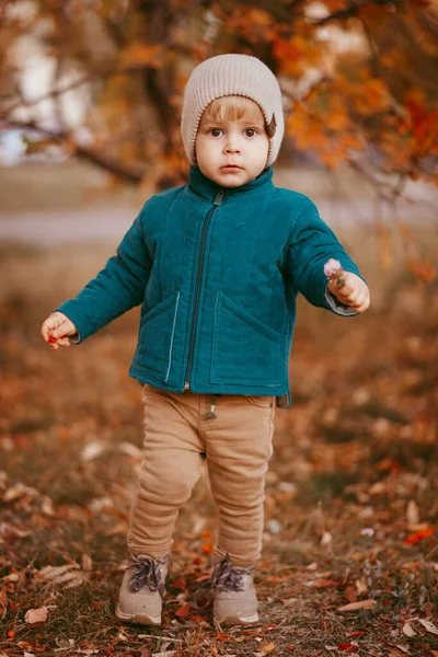 Joyful Child Runs Boy Dressed Green Jacket Brown Pants Image — Stock Photo, Image