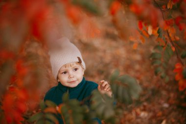 Mutlu çocuk geliyor. Yeşil ceketli ve kahverengi pantolonlu bir çocuk. Seçici odaklı resim.