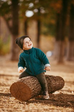 Yeşil ceketli ve örgü şapkalı bir çocuk ağaçta oturuyor. O mutlu. Seçici odaklı resim