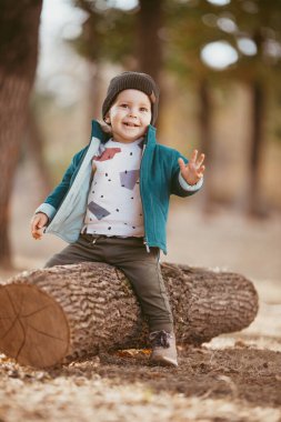 Şapkalı ve ceketli iki yaşında bir çocuk batan güneşe karşı Çam ormanında bir kütükte oturuyor..