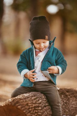 Şapkalı ve ceketli iki yaşında bir çocuk batan güneşe karşı Çam ormanında bir kütükte oturuyor..
