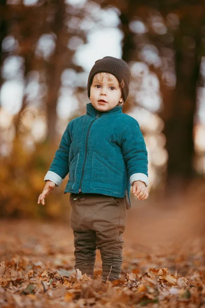 Il bambino felice sta arrivando. Un ragazzo vestito con una giacca verde e pantaloni marroni. — Foto Stock