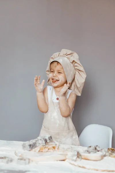 Portrait Little Cook Kneading Dough Apron Chef Hat Cooking Children Royalty Free Stock Images