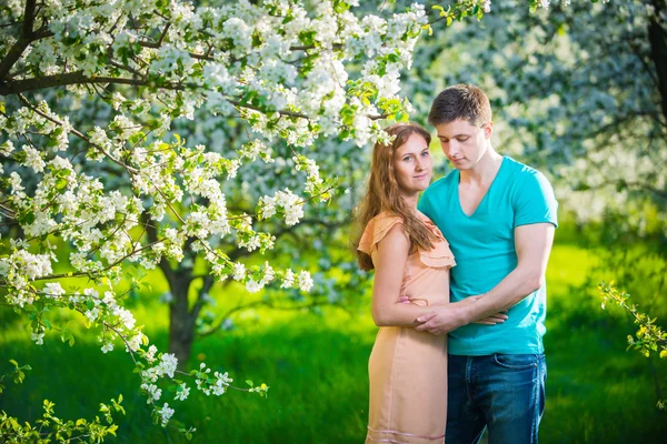 Junges schönes verliebtes Paar unter Apfelbäumen — Stockfoto