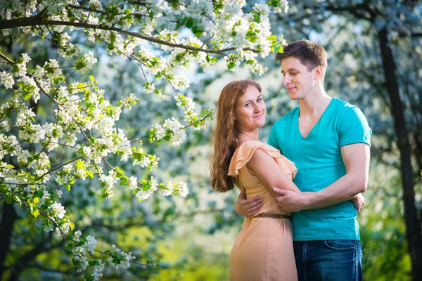 Joven hermosa pareja enamorada entre manzanos — Foto de Stock