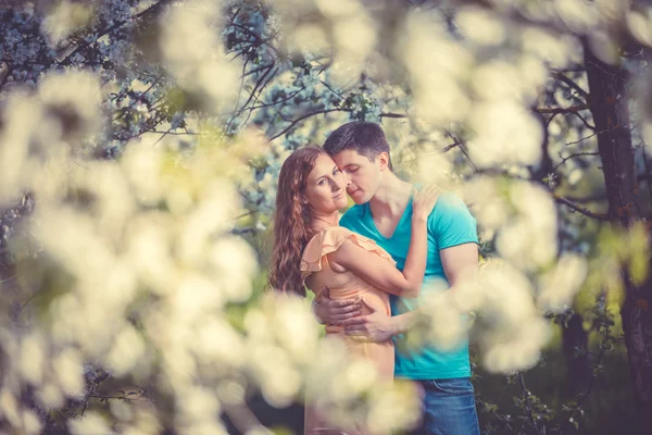 Junges schönes verliebtes Paar unter Apfelbäumen — Stockfoto