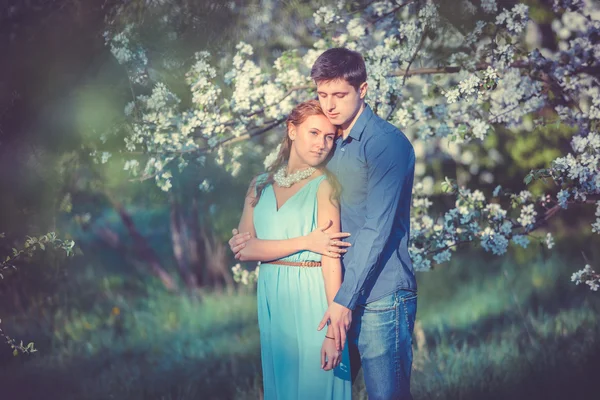 Jovem belo casal apaixonado entre macieiras — Fotografia de Stock