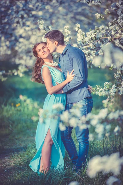 Junges schönes verliebtes Paar unter Apfelbäumen — Stockfoto