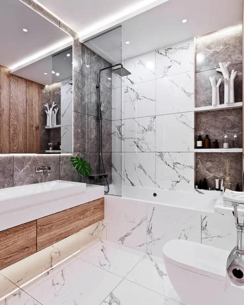 Moderno diseño de baño con baldosas de mármol y madera — Foto de Stock