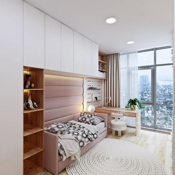 Camera da letto delle ragazze moderne con finestra panoramica e fiori — Foto Stock