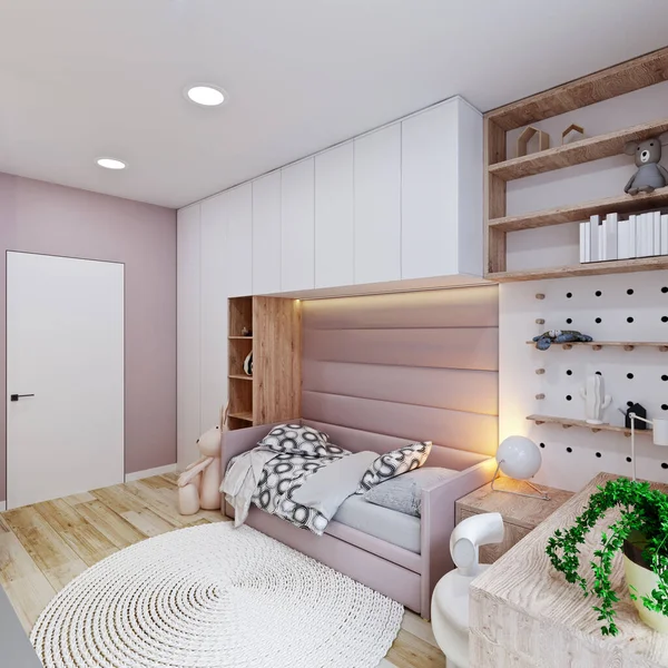 Dormitorio de chicas modernas con ventana panorámica y flores — Foto de Stock