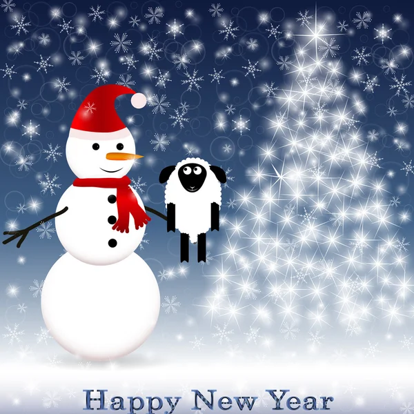 Snowman in a red scarf with a sheep — Stock Vector