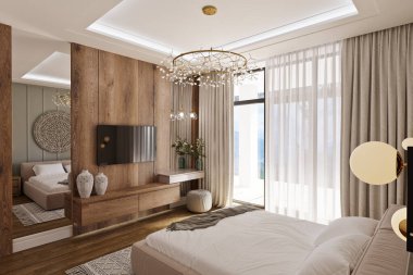 Bir yatak odasının 3 boyutlu modeli, modern, klasik, yeşil renkli.