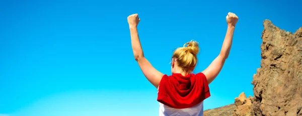 Happy Celebrating Winning Success Woman Standing Elated Arms Raised Her — Stock Photo, Image