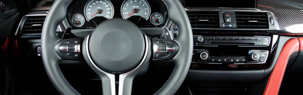 Modern Luxury Car Interior Steering Wheel Shift Lever Dashboard Car — Stock Photo, Image