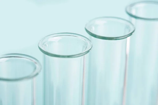 Macro Laboratory Glass Test Tubes Blue Background — Stock Photo, Image