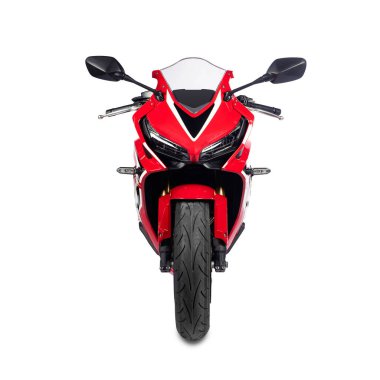Kırmızı motosiklet beyaz arka planda izole edilmiş.