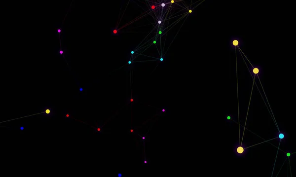 Abstract Minimal Colorful Digital Background Connected Cybernetic Particles Black Background — Stock Photo, Image