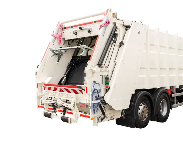 Nuovissimo Camion Della Spazzatura Colore Bianco Isolato Sfondo Bianco — Foto Stock