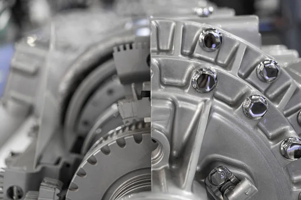 Automatic transmission gearbox. Automobile transmission gearbox in sections, close up detail view
