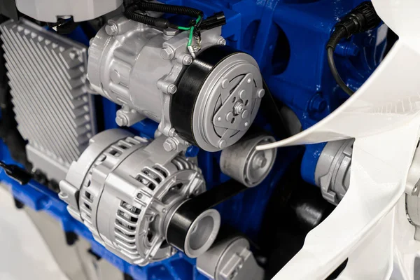 Nuevo Motor Combustión Interna Azul Blanco Generador Eléctrico Primer Plano — Foto de Stock
