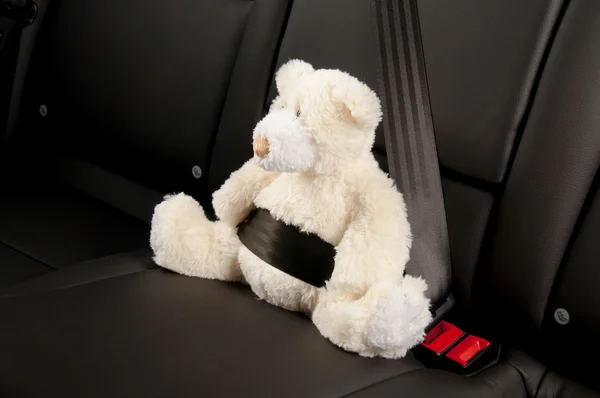 Orsacchiotto fissato sul sedile posteriore di una macchina — Foto Stock