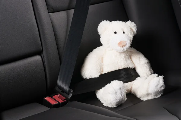 Teddy bear fastened in the back seat of a car — Stock Photo, Image