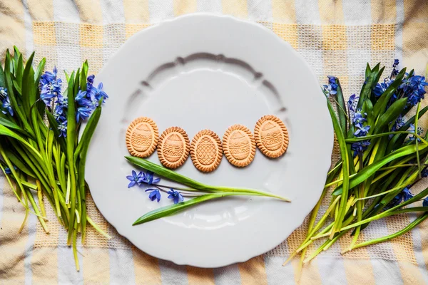 Top view cookie in the shape of Easter eggs and Scilla lie on the gray plate Stock Photo