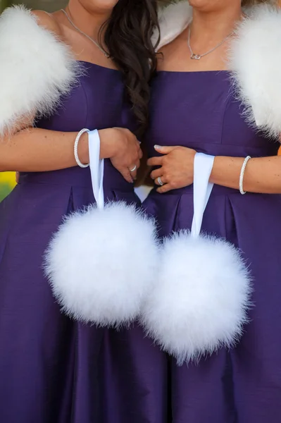 Dos damas de honor en púrpura celebración de plumas blancas pompones — Foto de Stock