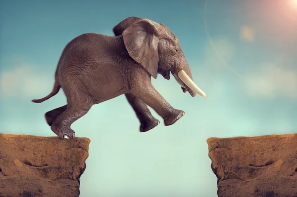 Leap of faith concept elephant jumping across a crevasse — Stock Photo, Image