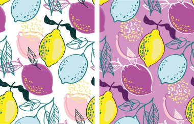 Limonlu turunçgil desenli arka plan. Limonata sanat etiketi. Güzel el çizimi yaz şablonu. Yeni model sanat. Tişört tasarım etiketi.