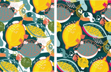 Limonlu turunçgil desenli arka plan. Limonata sanat etiketi. Güzel el çizimi yaz şablonu. Yeni model sanat. Tişört tasarım etiketi.