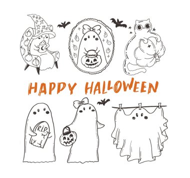 Cadılar Bayramı el yazısı karalama yazısı alıntısı. Tişört tasarımı, kupa baskısı, çanta baskısı, kıyafet modası. % 100 elle çizilmiş vektör resmi.