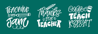 Öğretmenlikle ilgili komik el karalamaları. Tişört tasarımı, kupa baskısı, çanta baskısı, kıyafet modası. % 100 elle çizilmiş vektör resmi.