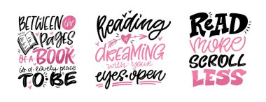 Kitapla ilgili komik el karalamaları. Tişört tasarımı, kupa baskısı, çanta baskısı, kıyafet modası. % 100 elle çizilmiş vektör resmi.