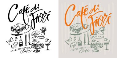 Kafe menüsüyle ilgili el çizimi karalamalar. Tişört tasarımı, kupa baskısı, çanta baskısı, kıyafet modası. % 100 elle çizilmiş vektör resmi.
