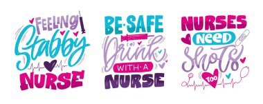 Hemşire ile ilgili komik el karalamaları. Tişört tasarımı, kupa baskısı, çanta baskısı, kıyafet modası. % 100 elle çizilmiş vektör resmi.