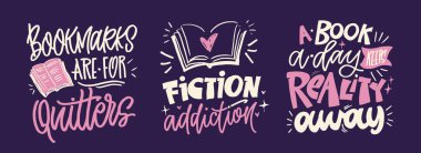 Kitaplar ve okumayla ilgili alıntılar yapan hoş bir el yazısı. Tişört tasarımı, kupa baskısı, çanta baskısı, kıyafet modası. % 100 elle çizilmiş vektör resmi.