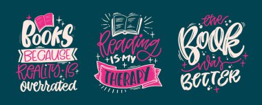 Kitaplar ve okumayla ilgili alıntılar yapan hoş bir el yazısı. Tişört tasarımı, kupa baskısı, çanta baskısı, kıyafet modası. % 100 elle çizilmiş vektör resmi.