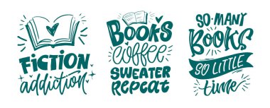 Kitaplar ve okumayla ilgili alıntılar yapan hoş bir el yazısı. Tişört tasarımı, kupa baskısı, çanta baskısı, kıyafet modası. % 100 elle çizilmiş vektör resmi.