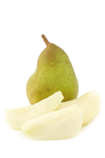 Fresh "doyenne de comice" pear and a cut one — Stock Photo, Image