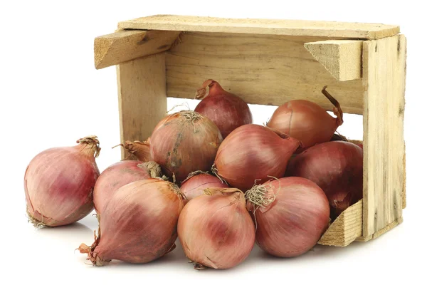 Cebolas rosa em uma caixa de madeira — Fotografia de Stock