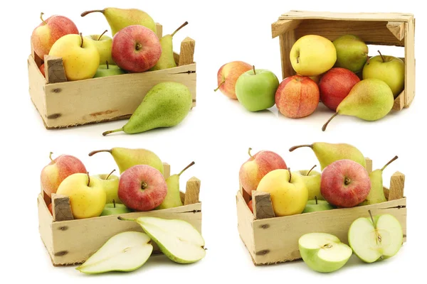 白色背景的木板箱里有新鲜的梨和苹果 — 图库照片
