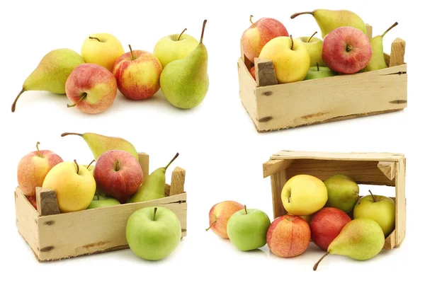 Fresh Pears Apples Wooden Crate White Background — Stock Photo, Image