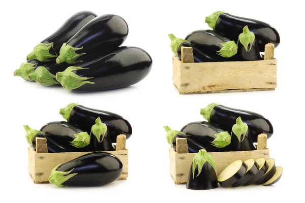 Verse Aubergines Een Houten Krat Een Witte Achtergrond — Stockfoto