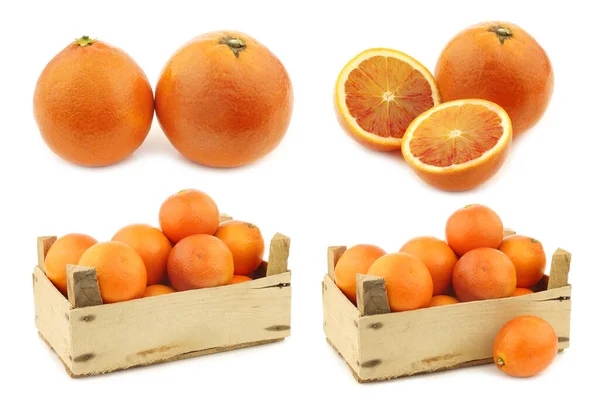 白色背景的木制板条箱中的鲜橙子 — 图库照片