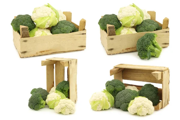 Fresh Cauliflower Broccoli Wooden Crate White Background — Stock Photo, Image